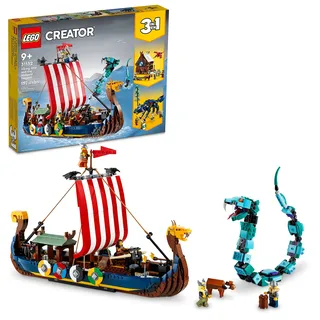 LEGO Creator 31132 3-in-1 Wikingerschiff und die Midgardschlange, verwandelt sich vom erstaunlichen Schiff zum Wikingerhaus oder Fenris Wolf Figur, Geschenke für Kinder, Jungen und Mädchen