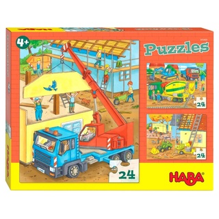 HABA 305469 - Puzzles Auf der Baustelle, Puzzlesammlung mit 3 Baustellen-Motiven für Kinder ab 4 Jahren, Baustellenpuzzles mit je 24 Teilen zum Training der Konzentration und Feinmotorik