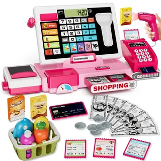 HYES Kinder Kasse Spielzeug mit echtem Rechner Kids Cash Register Toy Pretend Play Store inkl Scanner/Kreditkarte/Spielgeld/Förderer, rosa