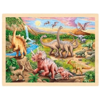 goki Rahmenpuzzle Einlegepuzzle Holz Dinosaurierwanderung, Dinos, Dinosaurier, 96 Teile, 96 Puzzleteile, Holz-Puzzleteile