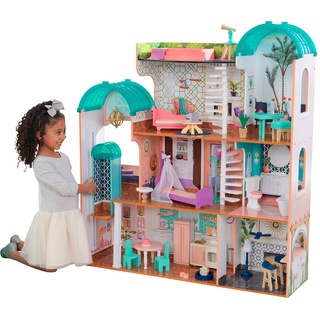 KidKraft Camila Puppenhaus aus Holz mit Möbeln und Zubehör, Spielset mit Katze, Aufzug und Pool für 30 cm große Puppen, Spielzeug für Kinder ab 3 Jahre, 65986 - Exklusiv bei Amazon