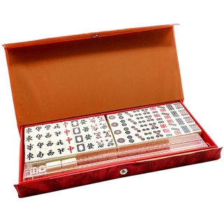 -Mahjong Traditionelle Chinesische Version Spielset Mit 2 Ersatzkarten, 144 Mahjong-Kacheln Set Reise-Brettspiel Mit 4 Kartenlinealen, Tragbare Klassische Mahjong-Party-Unterhaltungsrequisiten