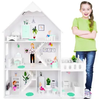 Green Series Puppenhaus Puppenhaus Groß - Hölzernes Barbie, Version mit mintgrünem Zubehör, Möbel für Puppen, Kissen, Teppiche, Puppen inklusive, Blumen weiß