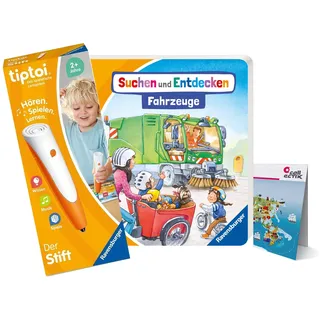 tiptoi Ravensburger Set: Suchen und Entdecken - Fahrzeuge (Kinderbuch) + 00110 Stift + Kinder-Weltkarte, Lernspielzeug für Kinder