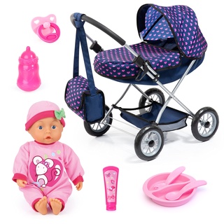 Bayer Design 12554AB Puppenwagen Set mit Babypuppe, die spricht, Puppenzubehör, Tasche, rosa, blau