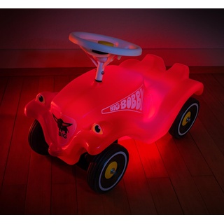 BIG - Bobby Car mit LED-Beleuchtung, 4 Lichtmodi, Flüsterreifen und zusätzlichem 70er Jahre Aufklebersatz, Rutschauto für Kleinkinder und Kinder ab 12 Monaten, Rot