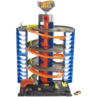 Hot Wheels Garage, Hot Wheels Parkgarage inkl. 1 Spielzeugauto, mit Autorennbahn, Auto Spielzeug Aufzug, Spurwechsler und Platz für +60 Autos, Höhe: 70cm, Spielzeug ab 4 Jahre, HFH03