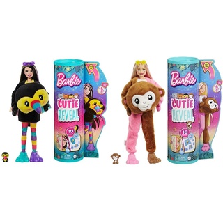 Barbie-Puppen und Accessoires, Cutie Reveal-Puppe im Tukan-Plüschkostüm und 10 Überraschungen & -Puppen und Accessoires, Cutie Reveal-Puppe im Affen-Plüschkostüm und 10 Überraschungen