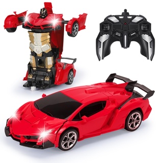 Yellcetoy Roboter Auto, Transformator Spielzeug mit Handgesten Sening LED Licht Musik & Sound Effekt, Ferngesteuertes Auto mit 2,4Ghz Fernbedienung Akkus für Kinder Junge Geschenke ab 4-10 Jahre Rot