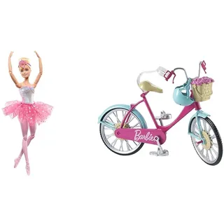 Barbie Dreamtopia Ballerina Puppe, Twinkle Lights Ballerina & Fahrrad, Fahrrad mit Blumenkorb, bewegliche Räder, rosa Fahrrad Puppe, Puppe, Geschenk für Kinder, Spielzeug ab 3 Jahre,DVX55