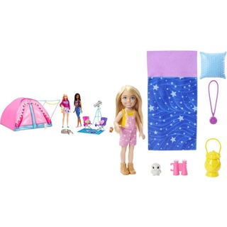 Barbie HGC18 - Barbie „Abenteuer zu zweit“ Camping-Spielset mit Zelt, 2 Barbie-Puppen und 20 Zubehörteilen mit Tieren, ab 3 Jahren & HDF77 - Barbie im Doppelpack! Camping (15cm, blond),ab 3 Jahren