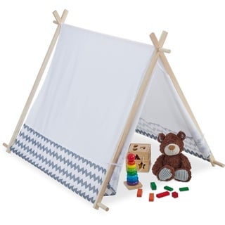 Relaxdays 10035301 Tipi Zelt für Kinder, mit Fenster, Kinderzimmer Zelt, Wigwam Kinderzelt, HxBxT: 92 x 92 x 120 cm, weiß-grau