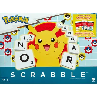 Mattel Games Scrabble Pokémon-Brettspiel, Familienwortspiel mit Zwei Spielmöglichkeiten, enthält 50 Herausforderungskarten mit Pokémon-Charakteren für 24 Spieler, Deutsche Version, HXT28