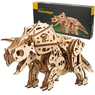 UGEARS Triceratops Dinosaurier 3D Holzpuzzle für Erwachsene - Mechanisches Modellbau Dino Holzbausatz im Maßstab 1:32 - DIY Modellbausatz Erwachsene Dinosaurier 3D Puzzle mit Lebensechtem Gang