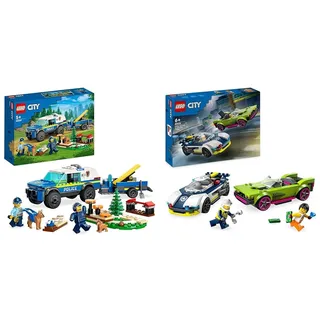 LEGO City Mobiles Polizeihunde-Training, Polizeiauto-Spielzeug mit Anhänger & City Verfolgungsjagd mit Polizeiauto und Muscle Car, Auto-Spielezug