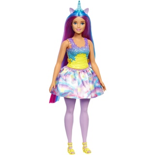 Barbie Dreamtopia Einhorn Prinzessin Puppe mit blauen & violetten Haaren, blaues Einhornhorn & -Ohren, Prinzessinnenrock, Violette Strumpfhose, gelbe Schuhe, inkl Puppe, als Geschenk geeignet
