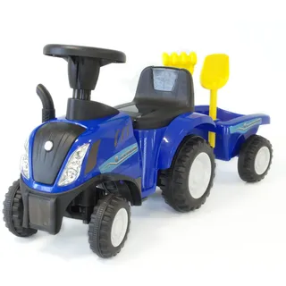 Rutschauto Traktor New Holland ab 1 Jahr | Kinderauto mit Anhänger | Rutschfahrzeug mit Schaufel und Rechen | Kinderfahrzeug in blau | Rutscher mit Soundtasten und Licht | Lizenziertes Kinderspielzeug