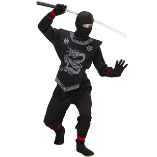 "BLACK NINJA" (coat with ties, pants with ties, chest armour, mask) - (158 cm / 11-13 Years)