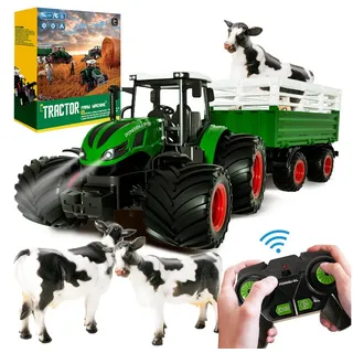 Esun RC-Traktor Ferngesteuerter Traktor mit Anhänger, Traktor Spielzeug ab 3 4 5 Jahre (Komplettset), Traktor Ferngesteuert Ackerschlepper mit Licht und Sound grün