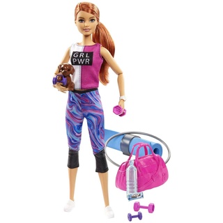 Barbie GJG57 - Wellness Fitness Puppe (rothaarig), mit Hündchen und 9 Zubehörteilen, Spielzeug ab 3 Jahren