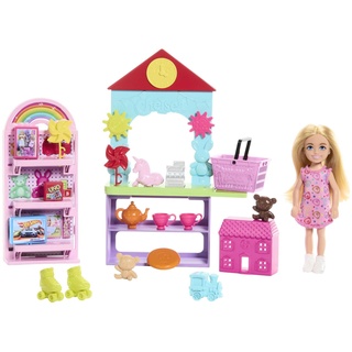 Barbie Chelsea Spielzeuggeschäft-Spielset mit Kleiner Blonder Puppe, Theke und Möbeln zum Ausstellen sowie 15 Zubehörteilen, etwa Mini-Spielzeug, HNY59