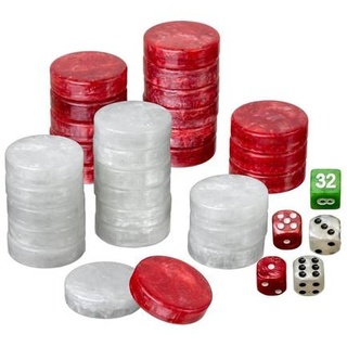 Spielsteine, Backgammon, medium, 28 x 8 mm, Kunststoff, rot/weiß, inkl. Würfel