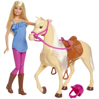 Barbie-Puppe und Pferdespielzeug, Barbie-Reitzubehör, rosa Helm und Zügel, 1 Barbie-Puppe und 1 Pferdespielzeug enthalten, als Geschenk für Kinder, Spielzeug ab 3 Jahre geeignet,FXH13
