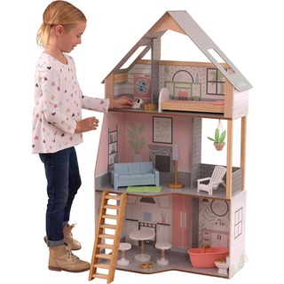 KidKraft Alina Puppenhaus aus Holz mit Möbeln und Zubehör für 30 cm große Puppen, 3-stöckiges Spielset mit Hund und beweglichen Treppe, Spielzeug für Kinder ab 3 Jahre, 10229