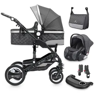 VESKA Kombi-Kinderwagen 3in1 inkl. Babyschale, Buggy, Jogger, mit Wickeltasche, Ess&Spieltisch, Moskitonetz, Regencover, Autoschale Fußsack, Aluminiumrahmen