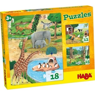 HABA 4960 - Puzzles Tiere, Kinderpuzzles ab 3 Jahren, mit 3 tollen Puzzle-Motive in Einer Schachtel