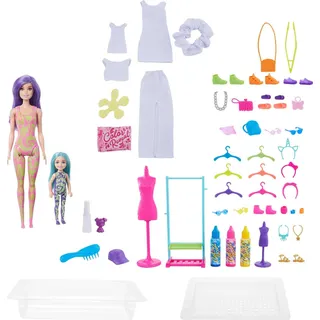 Barbie Colour Reveal Tie Dye Fashion Maker, Färbe-Set Colour Reveal, 50 Überraschungen, Chelsea-Puppe mit 35 Accessoires, als Geschenk geeignet,HCD29