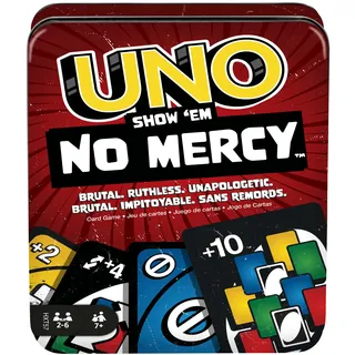 Mattel Games UNO No Mercy Kartenspiel in Einer Aufbewahrungsdose zum Mitnehmen für Kinder, Erwachsene und Familienabende mit zusätzlichen Karten, Sonderregeln und härteren Strafen, HXT57