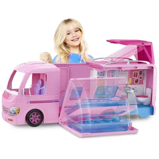 Barbie Camper, Barbie Wohnmobil, voll ausgestattet für 360-Grad-Spielspaß, Barbie Zubehör inkl. Pool und Rutsche, Platz für 4 Barbie Puppen, Spielzeug ab 3 Jahren, FBR34