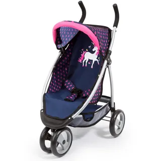 Bayer Design 39954AA Puppenwagen Jogger Sport, für Puppen bis ca. 50cm, mit integrierten Gurt, modernes Einhorn Design, blau pink