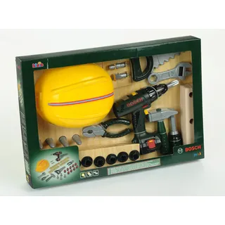 Theo Klein 8418 Bosch Handwerker-Set, 37-teilig I Kinder-Akkuschrauber mit Licht & Sound I Werkzeug und Werkbank- Zubehör wie Hammer, Säge, Bauarbeiter-Helm u.v.m. I Spielzeug für Kinder ab 3 Jahren