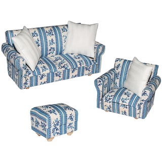 alles-meine.de GmbH 3 TLG. Set: Miniatur Wohnlandschaft/Sofa Couch + Sessel + Hocker mit Kissen - für Puppenstube Maßstab 1:12 - blau & weiß Gemustert - Puppenhaus Puppenhausmö..