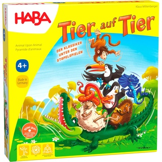 Haba 4478 - Tier auf Tier, Stapelspiel für 2-4 Spieler ab 4 Jahren, mit Tierfiguren aus Holz, auch spielbar als Solospiel