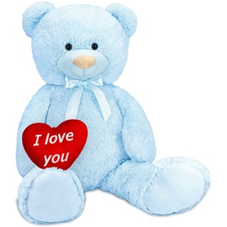BRUBAKER XXL Teddybär 100 cm mit „I Love You“ Herz Stofftier Teddy Plüschtier Kuscheltier, Blau