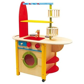 Kinderküche aus Holz mit ausklappbarer Theke, Spielspaß auf beiden Seiten, mit Waschmaschine sowie Herd und Ofen
