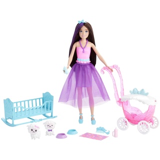 Barbie Dreamtopia Skipper Prinzessin Puppe, mit braunen Haaren, Zwei weiße Schafe, Tierkrippe, Accessoires, inkl. Skipper-Puppe, Geschenk für Kinder, Spielzeug ab 3 Jahre,HLC29