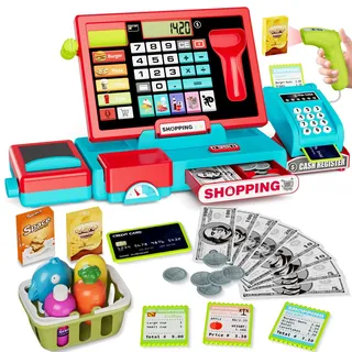 HYES Kinder Kasse Spielzeug mit echtem Rechner Kids Cash Register Toy Pretend Play Store inkl Scanner/Kreditkarte/Spielgeld/Förderer, rot