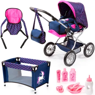 Kombi-Puppenwagen BAYER "Grande, blau/pink" Puppenwagen bunt (blau/pink) Kinder mit Reisebett, Schnuller, Geschirr und Pflegeprodukten