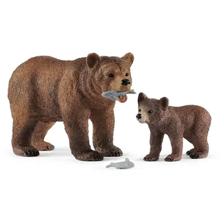 schleich WILD LIFE 42473 Realistische Grizzlybärenmutter, Jungtier und Fisch - 4-teiliges Tiere Set - Robuste, Pädagogisch Wertvolle Tiere Figuren Sets für Fantasievolles Spiel ab 3