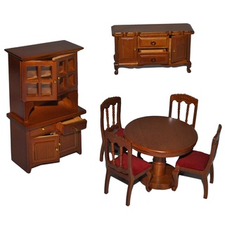 7 TLG. Set: Speisezimmer/Eßzimmer aus dunklem Holz - Miniatur - Schrank + 4 Stühle + Tisch + Kommode - Puppenstubenmöbel für Puppenstube Maßstab 1:12 - Pupp..