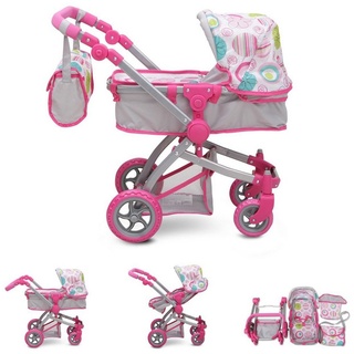 Moni Kombi-Puppenwagen Puppenwagen pink Rose 9651B, verstellbarer Schiebegriff, Sonnendach, Tasche grau|rosa