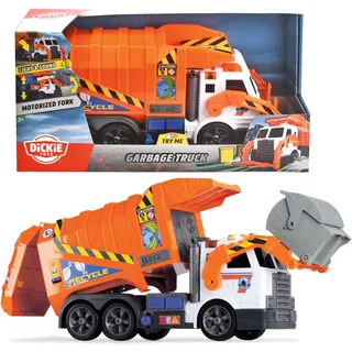 Dickie 186380 Toys Müllauto, Müllabfuhrwagen, Müllwagen, Spielzeugauto, batteriebetriebene Gabel mit Mülltonne, Kippfunktion, Licht & Sound, inkl. Batterien, 46 cm groß, ab 3 Jahren