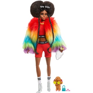 Barbie GVR04 - Extra Puppe, kuscheliger Regenbogen-Mantel mit Pudel, brünetten Afro-Puffs und geflochtenen Zöpfen, mehrschichtigem Outfit,bewegliche Gelenke, Geschenk für Kinder ab 3 Jahren