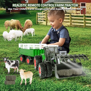 Ferngesteuerter Traktor Spielzeug ab 2 3 4 5 Jahre, Kuh, Schaf und Heuballen, Traktor mit Anhänger Spielzeug Traktor ferngesteuert ab 2-5 Jahre