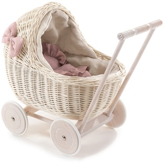 e-wicker24 DESAYER PUPPENWAGEN AUS WEIDE MIT LEINEN BETTWÄSCHE, Spielzeug AUS WEIDEN IN BEIGE, NATÜRLICHE KINDERSPIELZEUG, EIN Geschenk FUR EIN Kind (rosa)