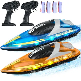 VEVOR RC Boot 2er-Set, 2,4GHz 12km/h, Ferngesteuertes Boot für Pools & Seen, Rennboot mit LED-Licht, 4 wiederaufladbare Batterien, Ganzkörper wasserdicht, Geschenk für Jungen & Mädchen, Blau/Orange